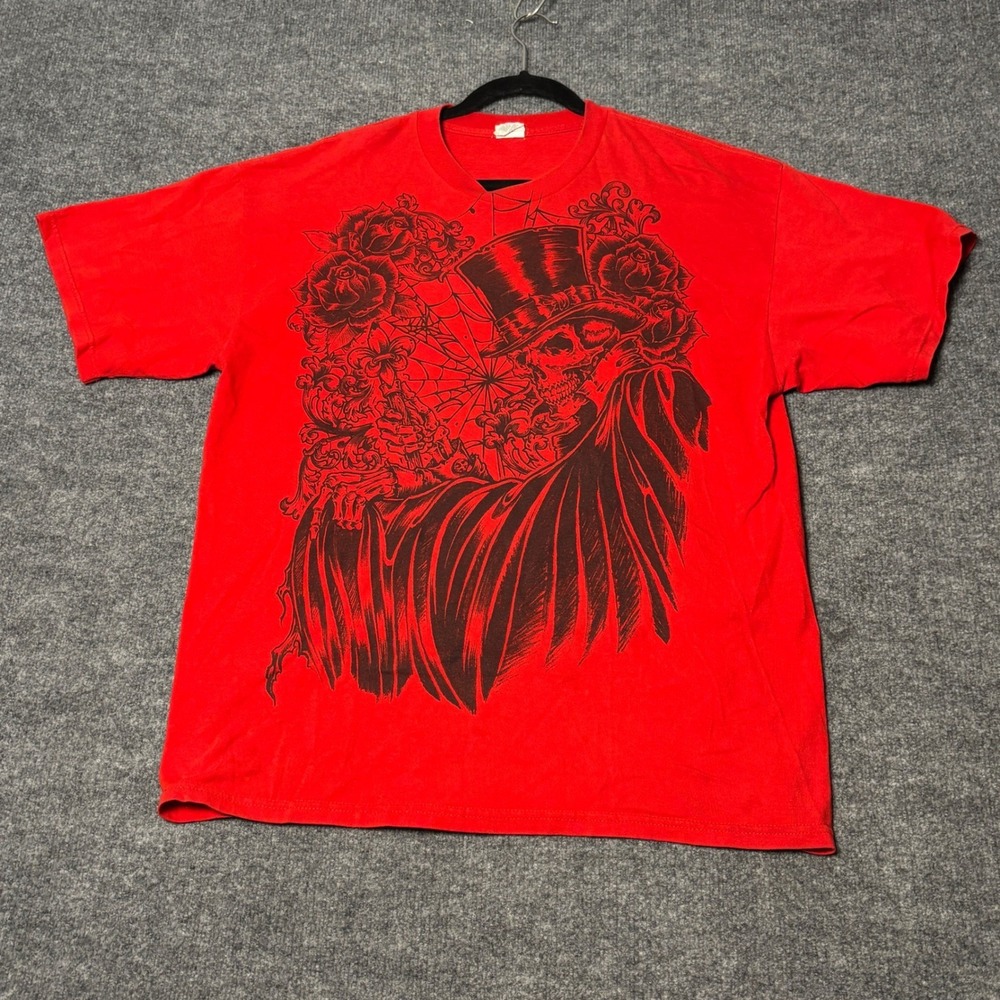 Unbranded Graphic T-Shirt Mens XL Red Grim Reaper Skeleton Top Hat Gothic Tee